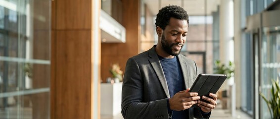Black man using tablet in modern office lobby, business professional working on device Concept of technology, corporate, and success