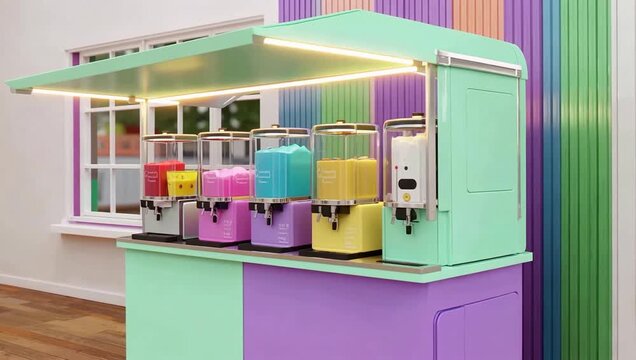 Colorful pastel mailbox display on storefront exterior.
