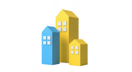 Three colorful houses with white windows blue yellow isolated on a transparent background