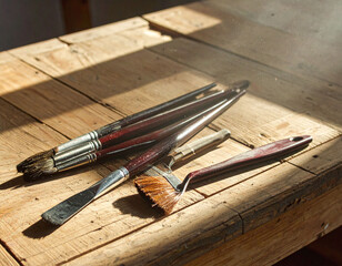 A collection of worn artist brushes rests on a weathered wood workbench under warm, golden sunrays. This atmospheric scene evokes creativity, craftsmanship, and rustic fine art studio vibes.