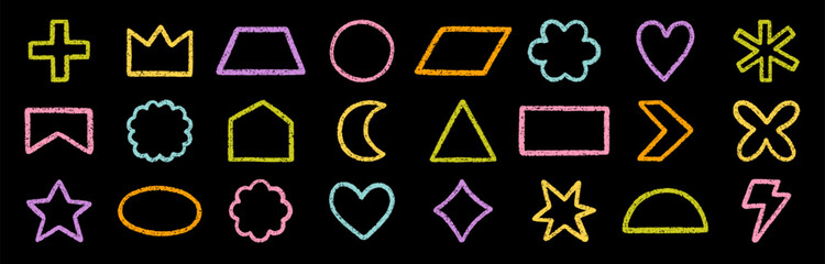 Abstract geometric shapes and forms, chalk pencil doodle set. Crayon modern figures, brush crown, star, heart in sketch style. Hand drawn vector illustration isolated on black background