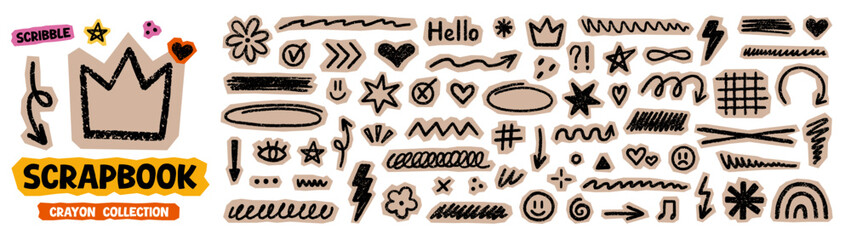 Scrapbook elements with crayon textures. Chalk cutout kids scribble shapes and brush lines doodle set. Hand drawn check mark, arrows, stars and hearts in sketch style. Vector illustration