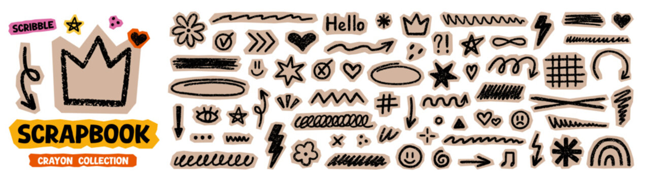 Scrapbook elements with crayon textures. Chalk cutout kids scribble shapes and brush lines doodle set. Hand drawn check mark, arrows, stars and hearts in sketch style. Vector illustration