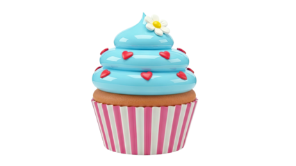 Blue Frosted Cupcake with Red Hearts and Flower
