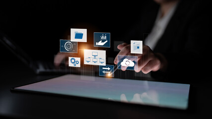 Digital business infrastructure with data system, analytics, sync. System management improves access, system management ensures performance, and system management supports digital operations. Latch