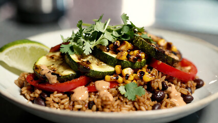 Healthy plant based bowl with grilled zucchini black beans avocado and rice, chicken breast with vegetables