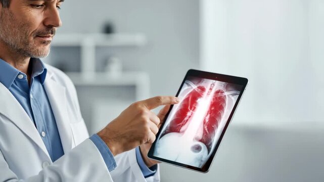 Doctor examining a lung X-ray on a digital tablet. Physician pointing at a highlighted abnormality in the chest. Medical diagnosis and healthcare technology concept