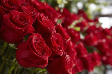 Naklejka premium Red rose bouquet arrangement in florist shop on blurred background