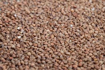Fototapeta premium Abundant buckwheat groats spread across surface resembling harvest, earthy brown tones, grainy pattern, bulk storage and supply concept for sustainable farming and packaging scenes