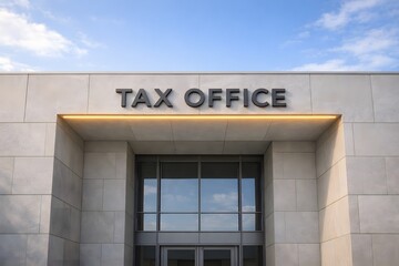 Fototapeta premium Modern Tax Office Building Facade With Sign For Financial And Government Concepts