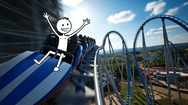 A cheerful animated character enjoying a thrilling roller coaster ride.