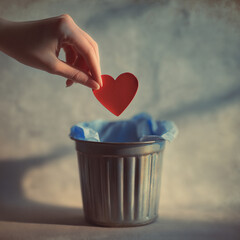 hand dropping red paper heart into blue trash bin