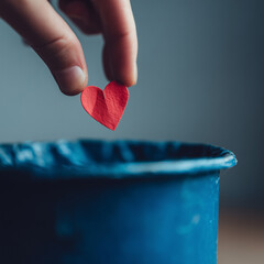 hand dropping red paper heart into blue trash bin