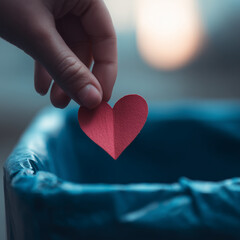 hand dropping red paper heart into blue trash bin