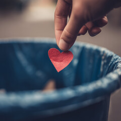 hand dropping red paper heart into blue trash bin