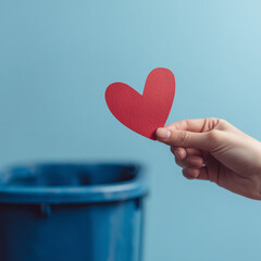 hand dropping red paper heart into blue trash bin