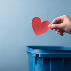 hand dropping red paper heart into blue trash bin
