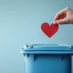 hand dropping red paper heart into blue trash bin