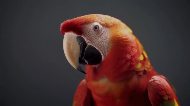 A vibrant red parrot with yellow and green feathers gazes intensely against a dark gray background in a close-up studio portrait.