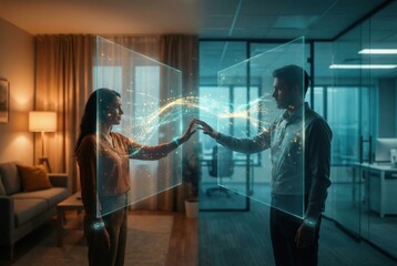 Futuristic couple connecting through holographic screens in different rooms