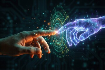 Human and AI hands touching on a digital interface, representing connection and technology