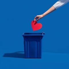 hand dropping red paper heart into blue trash bin
