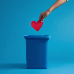 hand dropping red paper heart into blue trash bin