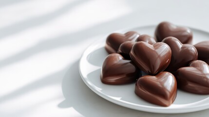 Fototapeta premium Assorted smooth milk and dark chocolate heart candies on a white plate with soft shadows and natural light
