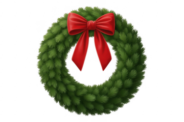Christmas wreath with red bow green isolated on a transparent background