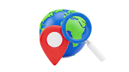 Globe, Magnifying Glass, and Map Pin