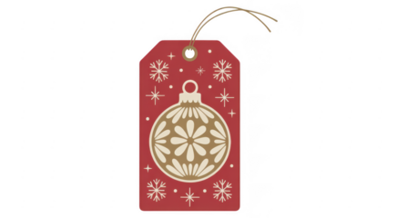 Red Christmas gift tag with white ornament isolated on a transparent background