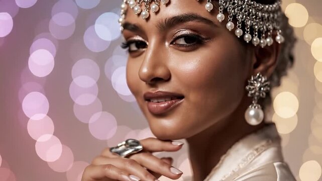Gorgeous young indian bride posing in traditional wedding attire and jewelry. Her elegant look features intricate makeup and a stunning headpiece
