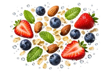 Flying Fresh Berries and Nuts Healthy Breakfast Ingredients Isolated