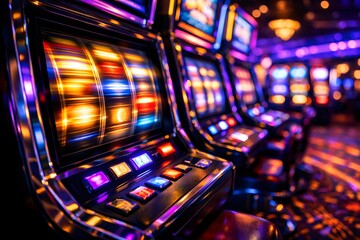 Row of Neon Illuminated Slot Machines with Spinning Reels Blur