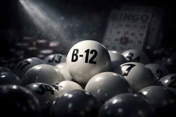 Dramatic Close-Up of Numbered Bingo Balls in Dark Atmosphere