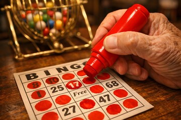 Senior Hand Stamping Winning Number on Bingo Card with Red Marker