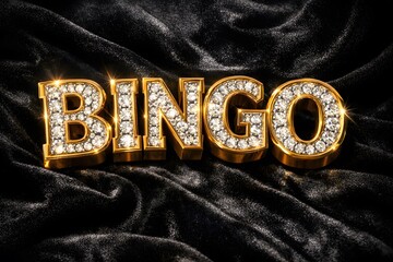 Luxury Golden Bingo Word with Diamonds on Black Velvet