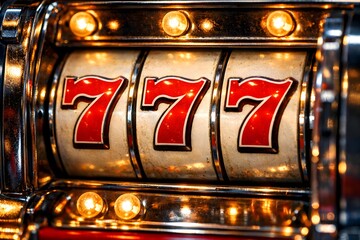 Vintage Slot Machine Reels Showing Three Red Lucky Sevens Jackpot