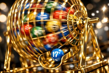 Spinning Golden Bingo Cage with Colorful Numbered Balls in Motion