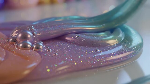 Viscous, shiny, and iridescent slime with glitter slowly pouring and swirling, creating a satisfying and colorful textured abstract background with shimmering bubbles and sparkling particles. asmr,
