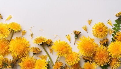 Yellow Daisies Dandelion Seeds White Background Floral Border