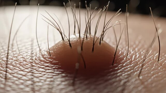 Extreme close up of human skin experiencing a physical reaction, with hair follicles rising and contracting to form goosebumps in response to a stimulus like cold, fear, or excitement