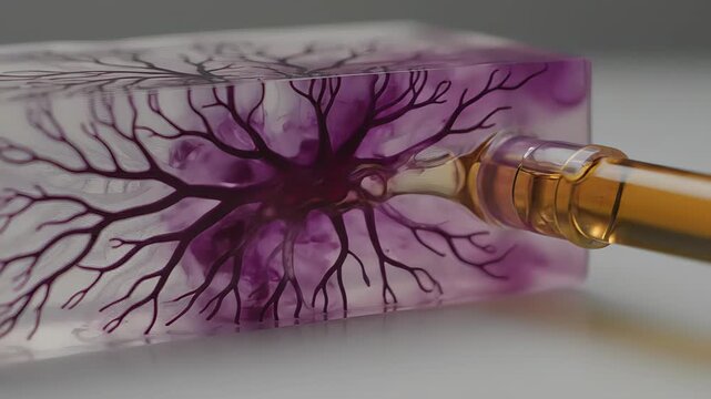 Clear liquid flowing through a complex, artificial vascular system embedded in a transparent gel, dissolving and flushing out a purple sacrificial ink during a scientific bioengineering experiment