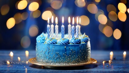 A Blue Birthday Cake With Lit Candles Surrounded By A Bokeh Effect Of Warm Lights