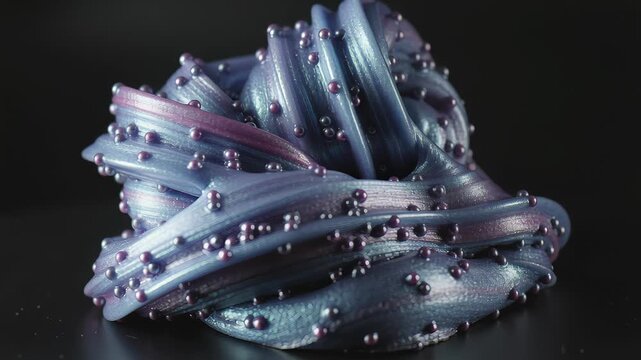 Mesmerizing iridescent purple and blue slime with beads rotating on a dark, reflective surface, creating a satisfying and relaxing sensory experience for asmr and visual stimulation. asmr,