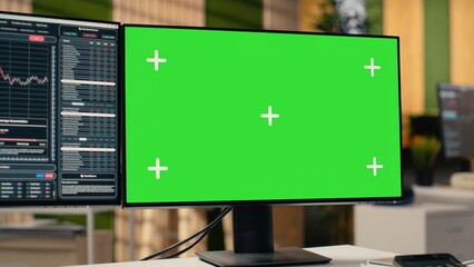 Stock market metrics visualization displayed on green screen PC in proprietary firm office. Desktop setup in forex company workspace with financial statistics visible on mockup computer