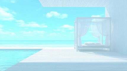 Minimalist beach scene with canopy bed and ocean view in bright daylight