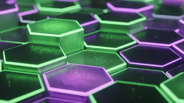 Dynamic hexagonal prisms with glowing green and purple edges rising and falling in a rhythmic, undulating motion, creating a mesmerizing and tactile digital texture for a futuristic background. asmr