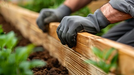 Builder's gloved hands working on raised garden bed