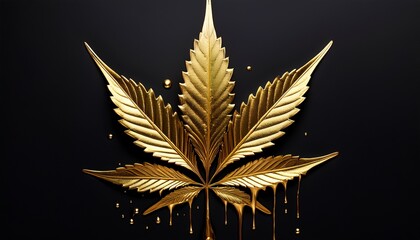 A Golden Marijuana Leaf With Dripping Gold Against A Stark Black Background Creates A Striking Contrast